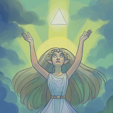 A thumbnail of a digital drawing of Princess Zelda sort of floating 
                                    against a gray-blue-green cloudy background, reaching up to a floating 
                                    glowing triforce piece