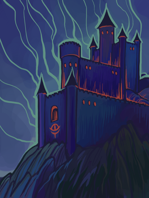 digital art of Sauron's evil castle up on tip of a mountain, using the same blue, purple and red color scheme. 
                                The sky is dark and the same pale cyan lightening-looking lines are radiating off the caste, 
                                and the windows all glow red.  There's an eye-symbol painted on the front wall.