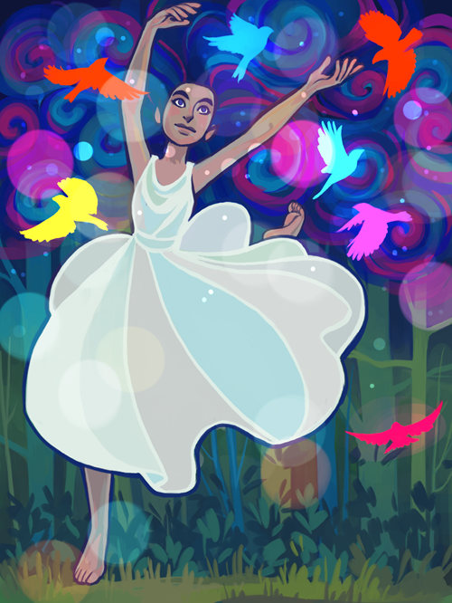digital art of Luthien dancing int he woods, wearing a bright white drass that billows around her.  
                                Her hair is swirly purple and pink and cyan flying in the air above, and her's surrounded by brightly 
                                colroed birds.