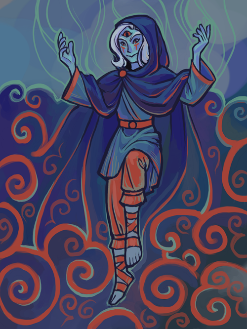 digital art of Sauron sort of floating down through purple and red 
                                    swirly clouds with pale cyan line sthat look like lightening.  He has pale 
                                    blue skin and red eyes, white hair, and a third eye in his forehead, and is 
                                    wearing a dark purple cloak, a lighter blue tunic, and red wrappings on his 
                                    feet