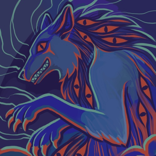 thumbnail of a digital image of a stylized werewolf wwith alot of 
                                    blue and purple and red, red eye shapes, and cyan lightning-looking lines int he background