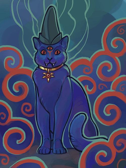 digital art of an evil cat using the same color scheme as the rest of the Sauron 
                                art; dark purple body, red eyes, purple and red swirly clouds, and pale cyan lightening lines. 
                                He also have a fancy jewel collar, and a tall gray hat