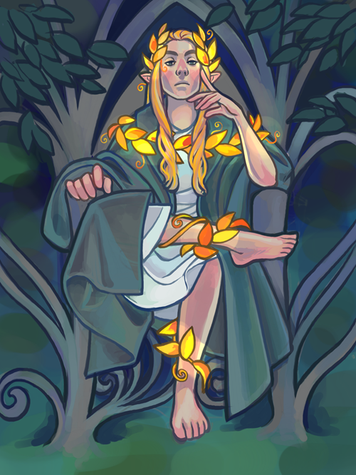 digital art of the elf king Thingol sitting on his throne in the woods, legs crossed and one 
                                hand on his chin, looking down condescendingly at the viewer.  He's wearing fairly simple clothes, 
                                a green-gray cload over a white toga thing, but is draped in glowing gold leaves.