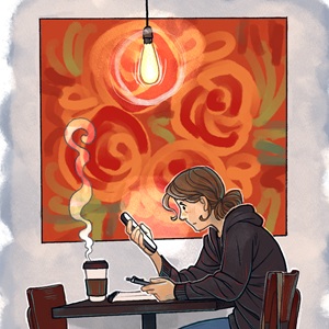 thumbnail of a digital image of a person sitting at a coffee shop 
                                    in front of a large swirly red painting, holding a pencil like they're 
                                    going to draw, but looking at their phone