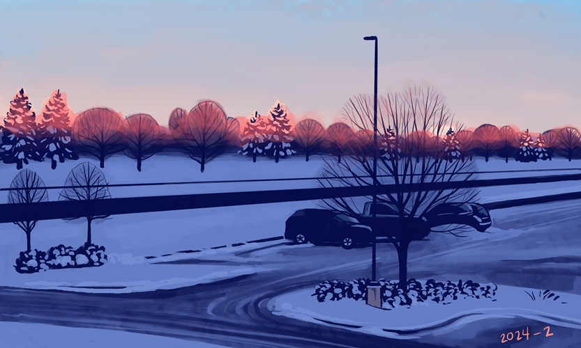 Digital art or a parking lot and a street behind it and a row od landscaped trees behind that, 
                                mostly blay and gray and snowy, but with a pink highlight along the horizon where the sunrise
                                it creeping in.