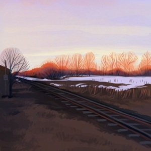 thumbnail of a digital image of railroad tracks running through a brown 
                                    field in early spring, with a sunrise in the background making the 
                                    trees glow red