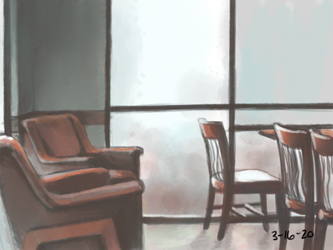 Digital art of an empty coffee shop in reddish brown and pale cyan colors, with a 
                                    focus on how the light reflects off the wooden tables and chairs, and the emptiness of the space.