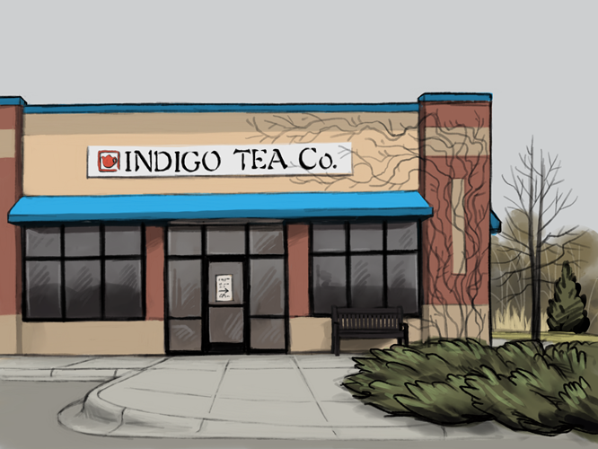 Digital art of the Indigo Tea Company exterior viewed from the parking lot, 
                                    in early spring under a gray sky with all bare trees and brown grass in the background.  There's 
                                    a little sign on the front door with an arrow pointing right to the drive-through, because it was closed 
                                    to walk-in customers because of the pandemic.
