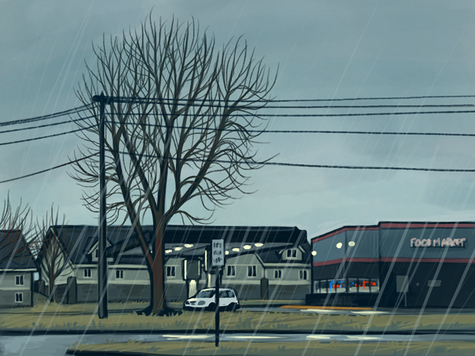 Digital art of a little strip mall with a gas station viewed from across the street, 
                                    with townhouses in the background.  It's early spring and raining heavily, so the sky 
                                    is a fairly dark blue-gray, but the street is shiny and reflecting lights from the gas station. 
                                    There's a tree several stories taller than the buildings and pole with wires right next to it.