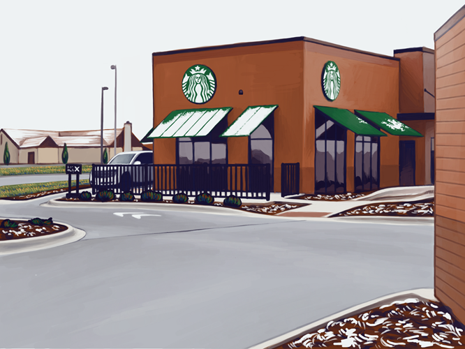 Digital art of a Starbucksand the surrounding parking lot right after getting a little 
                                    bit of snow, which is now on the awnings and in the cracks of the rock gardens.  I used purple 
                                    for shading in this one to try and get a cooler feel.