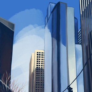 thumbnail of a digital image of tall glass buildings reflecting a blue sku