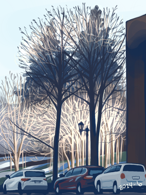 Digital art of two everygreen tries along a street, and some other trees behind them, and 
                                    the light coming through all of it and making it glow
