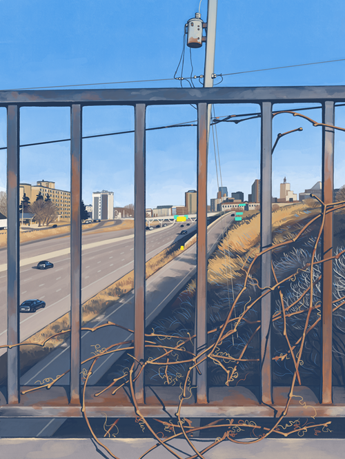 Digital art of I-94 viewed from the walkway above, through the grating with some crunchy leaveless 
                                vines in the early spring