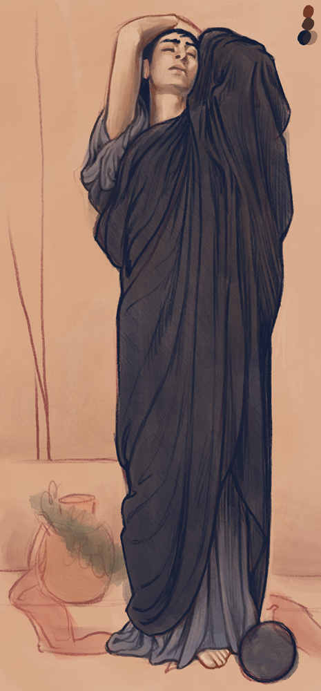 Digital art a woman with short black hair wearing a long black and gray toga,
                                    stanfing with her arms foldedd behind her head and eyes closed looking up with faint distress.