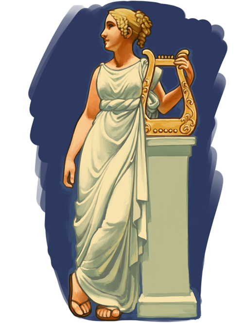 Digital art of Grecan-looking woman with blond hair pulled back in curls and a white toga, 
                                leaving against a pillar and holding a harp.