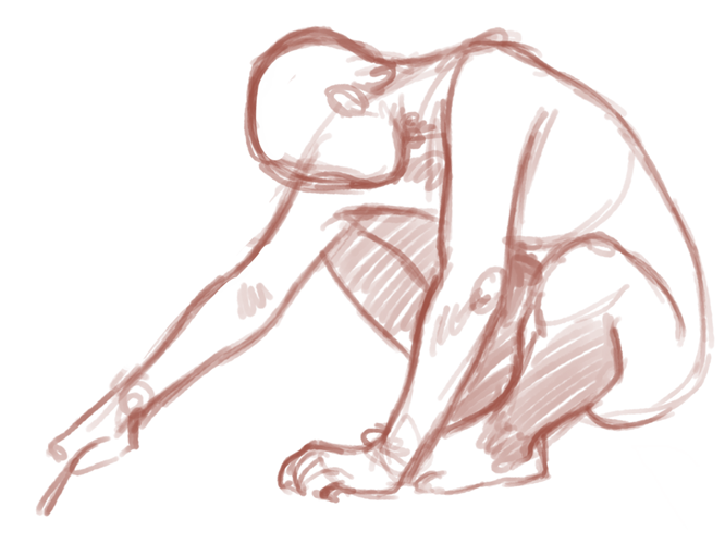 Rough digital sketch of a rale fogure sitting and leaning forward, head bowed and right arm 
                                stretched forward as if drawing on the ground.